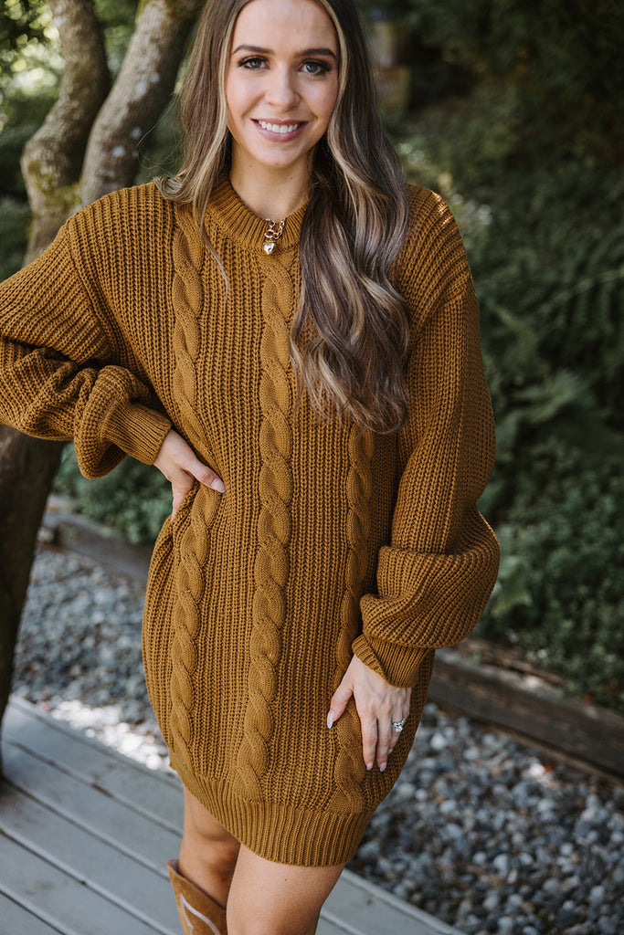 Cable Knit Sweater Dress - Cognac