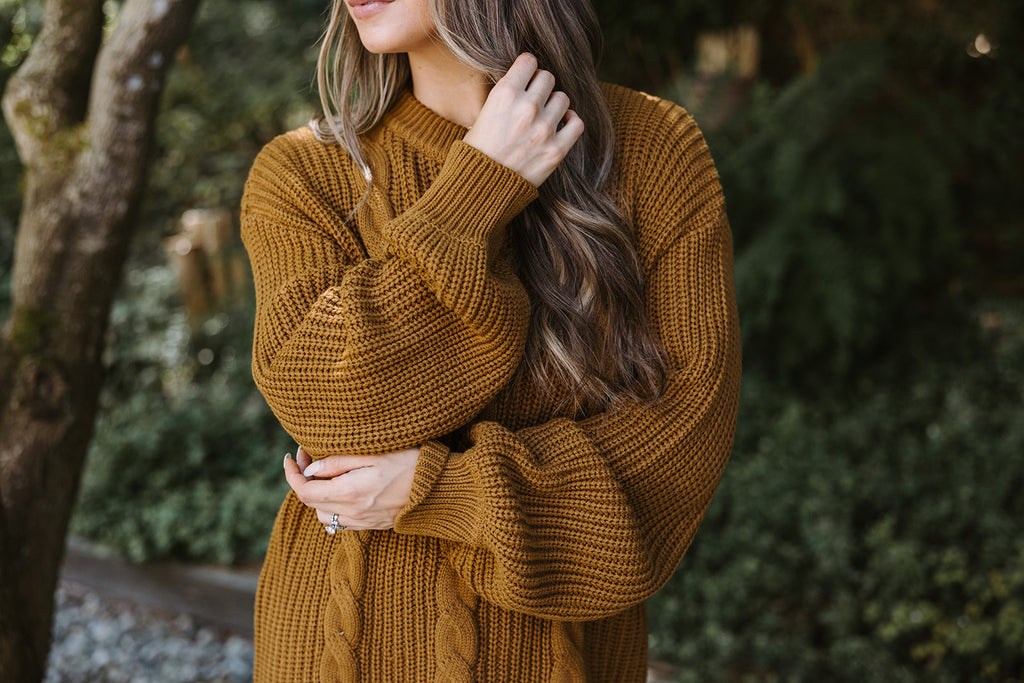 Cable Knit Sweater Dress - Cognac