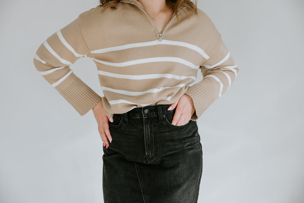 Striped Zip Up Sweater - Beige & Ivory
