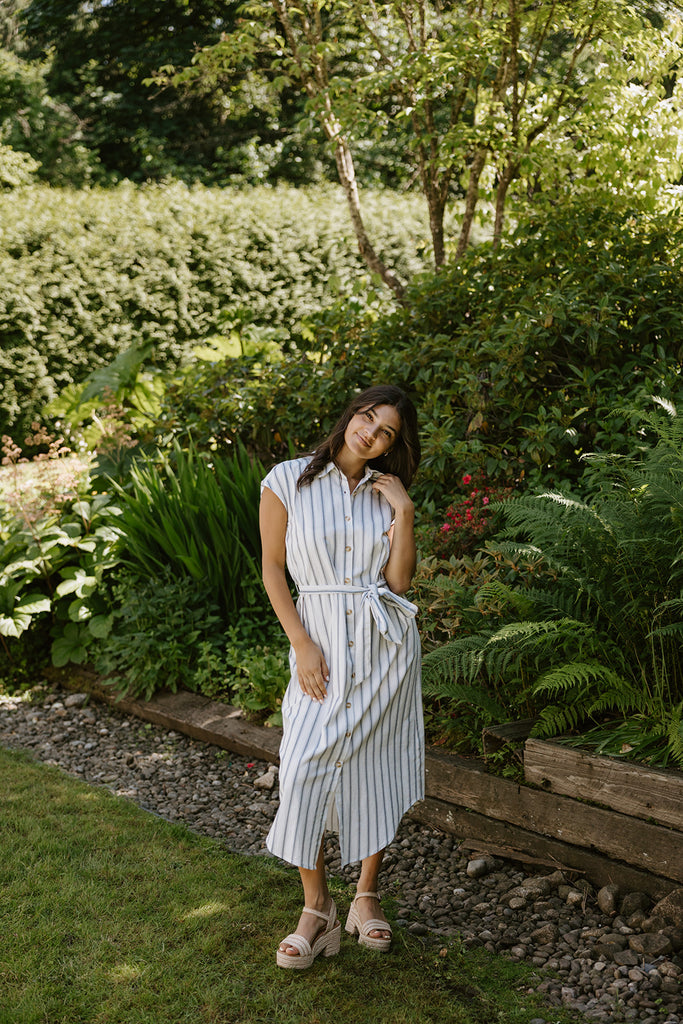 Striped Midi Linen Dress - Blue