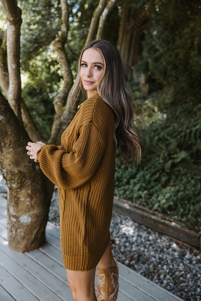 Cable Knit Sweater Dress - Cognac