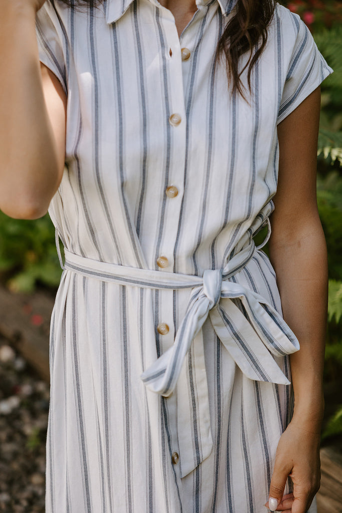Striped Midi Linen Dress - Blue