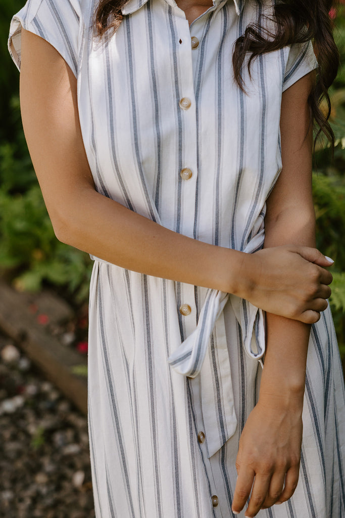 Striped Midi Linen Dress - Blue