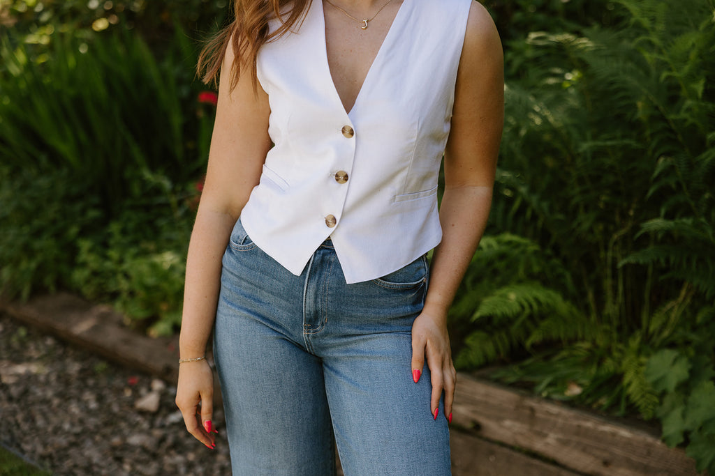 Button Up Vest - Linen - White