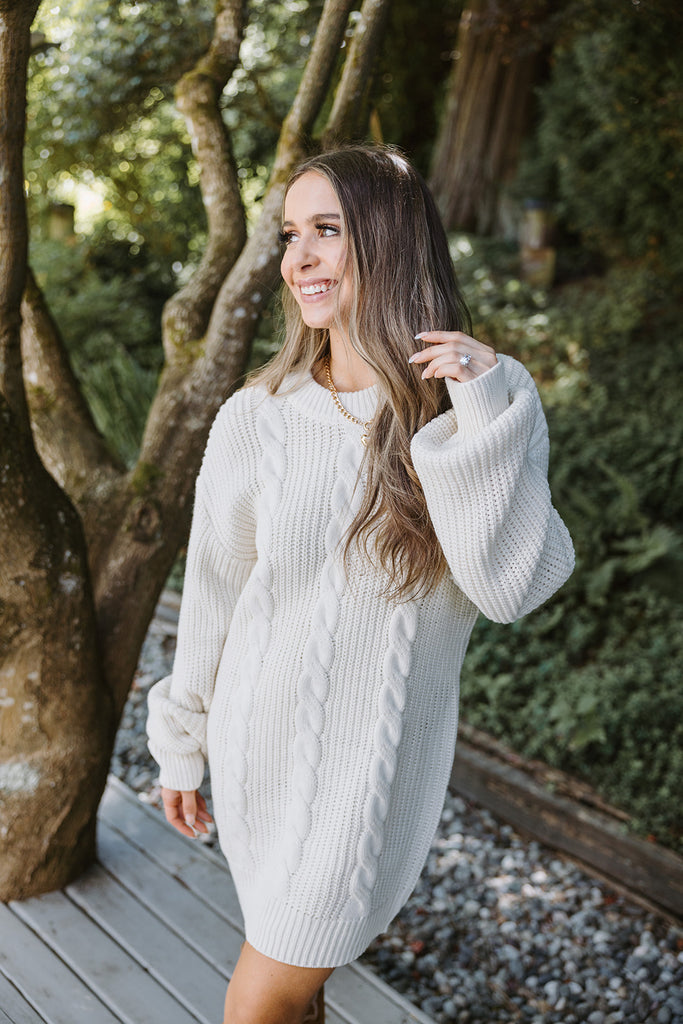 Cable Knit Sweater Dress - Cream