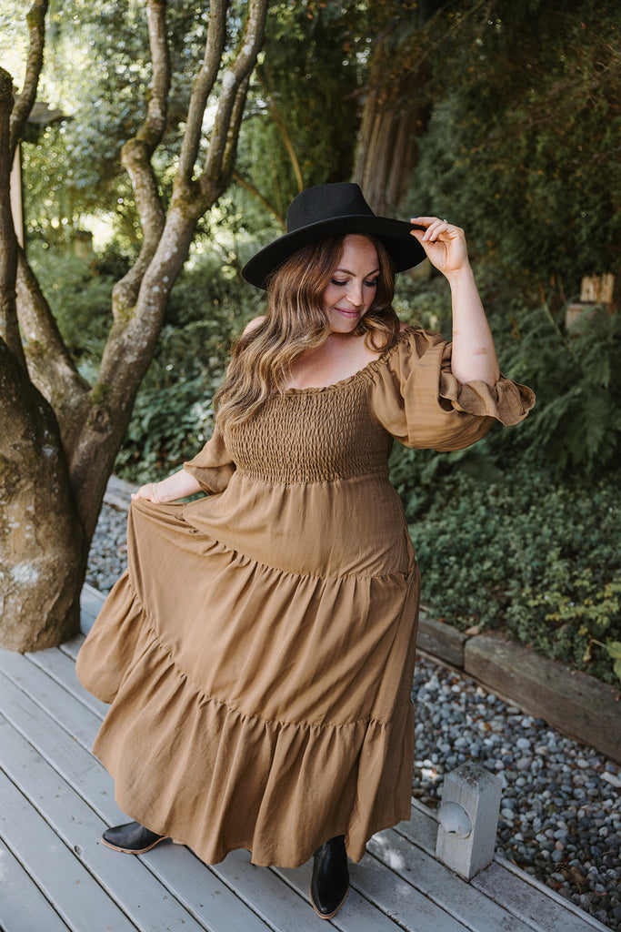 Midi Smocked Bodice Dress - Pecan