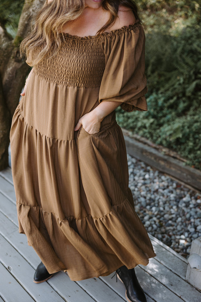 Midi Smocked Bodice Dress - Pecan