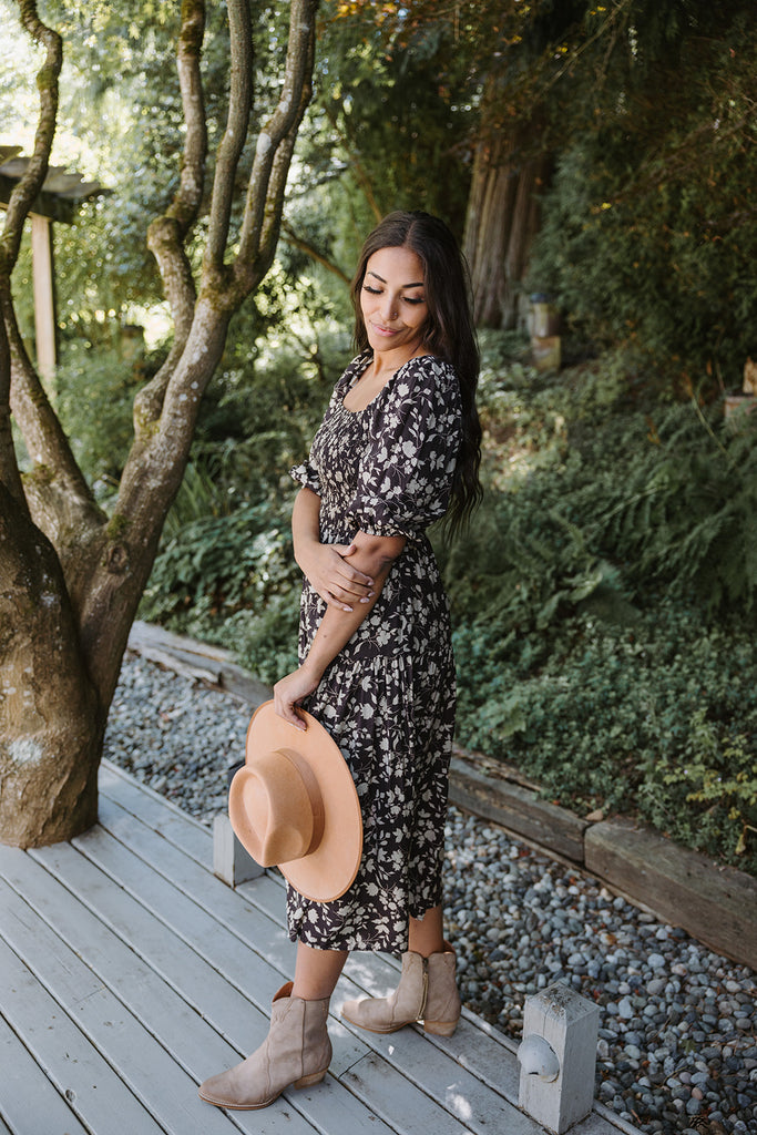 Floral Midi Dress with Smocked Bust - Br