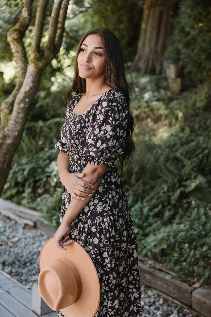 Floral Midi Dress with Smocked Bust - Br