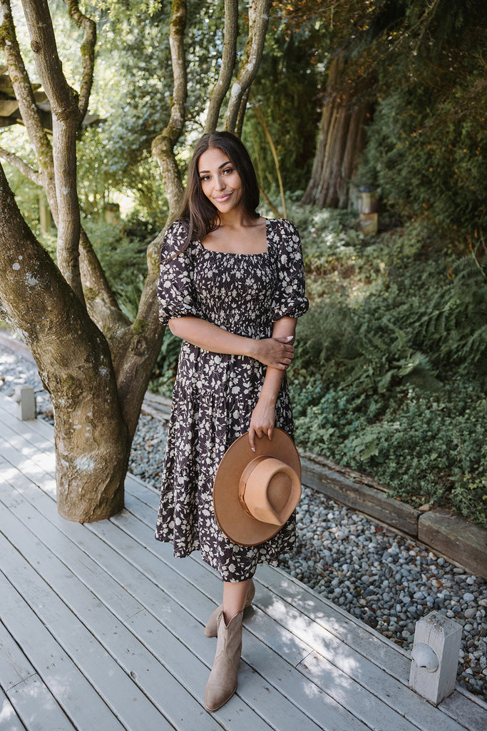 Floral Midi Dress with Smocked Bust - Br