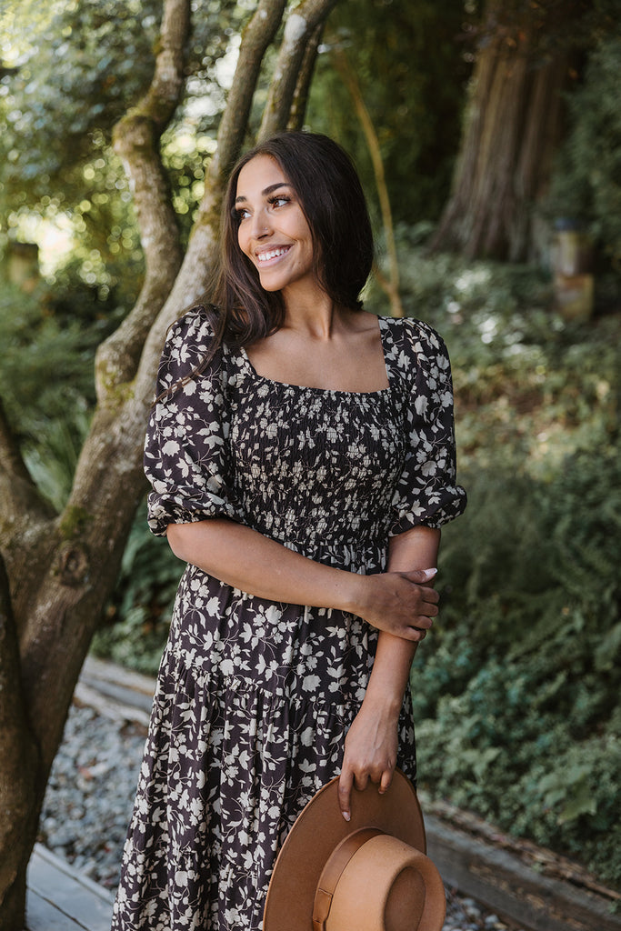 Floral Midi Dress with Smocked Bust - Br