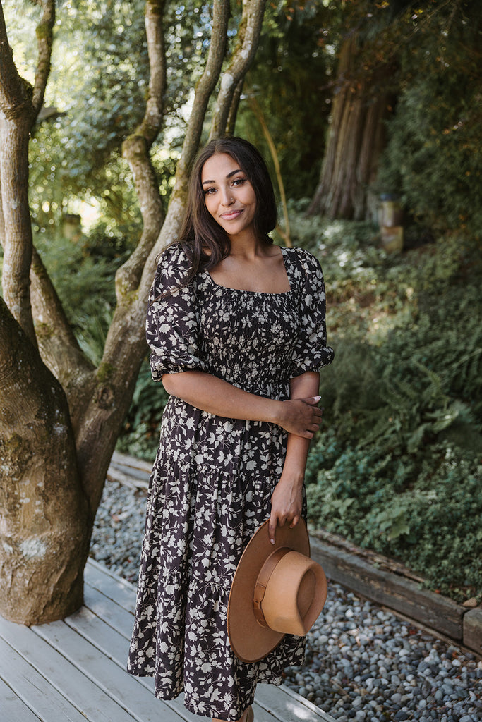 Floral Midi Dress with Smocked Bust - Br