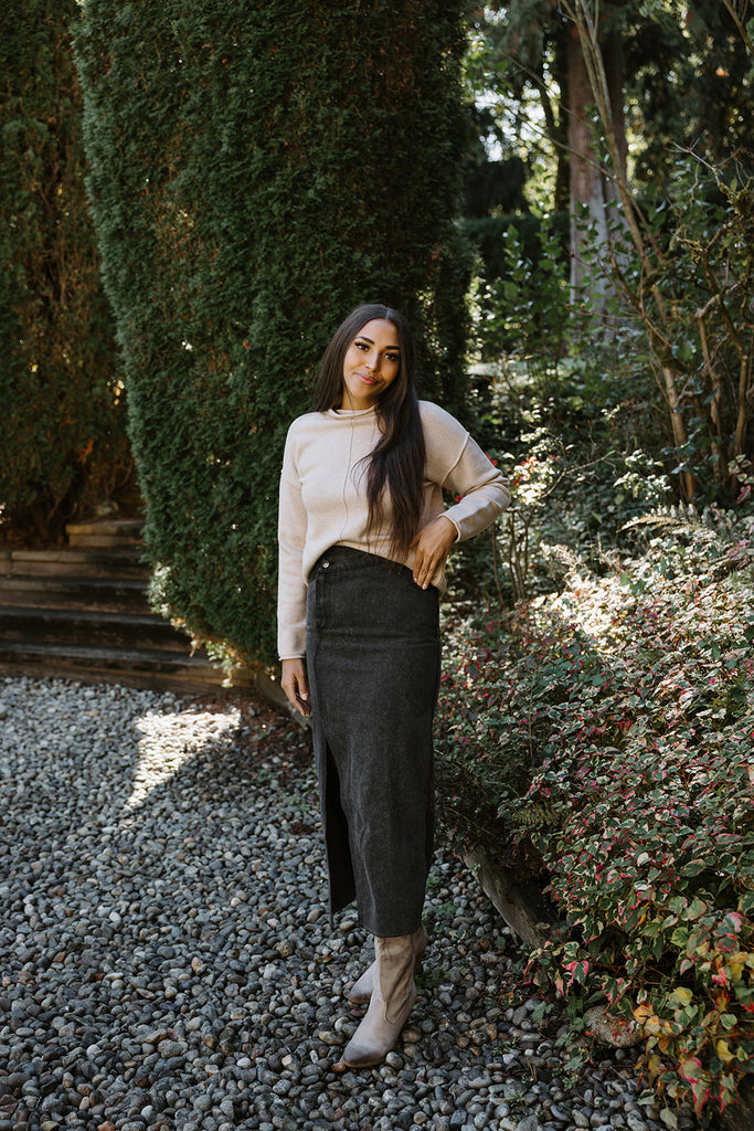 Side Slant Denim Skirt - Washed Black