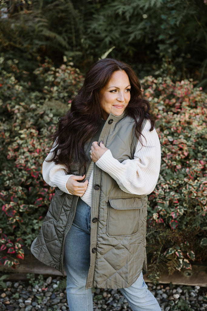 Round Neck Quilted Vest - Olive