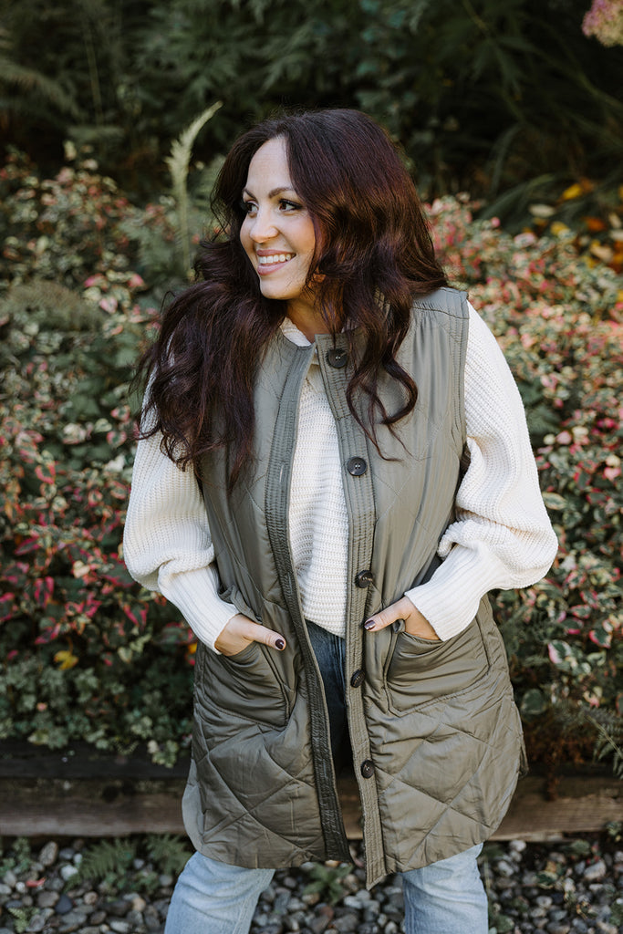 Round Neck Quilted Vest - Olive