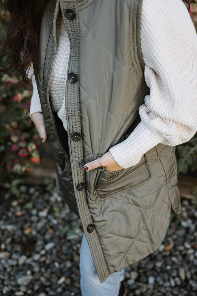 Round Neck Quilted Vest - Olive