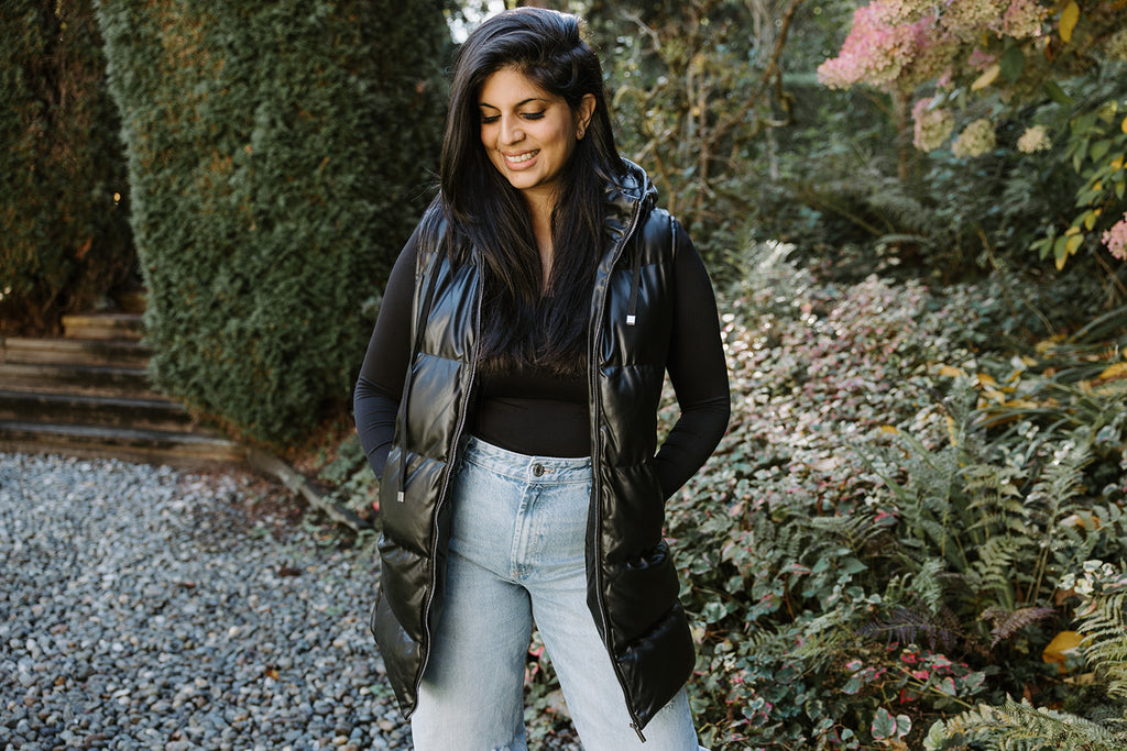 Faux Leather Puff Vest - Black