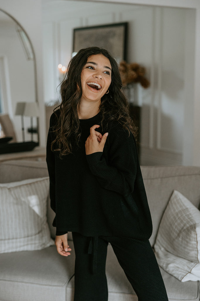 Waffle Textured Sweater & Pant Set - Black