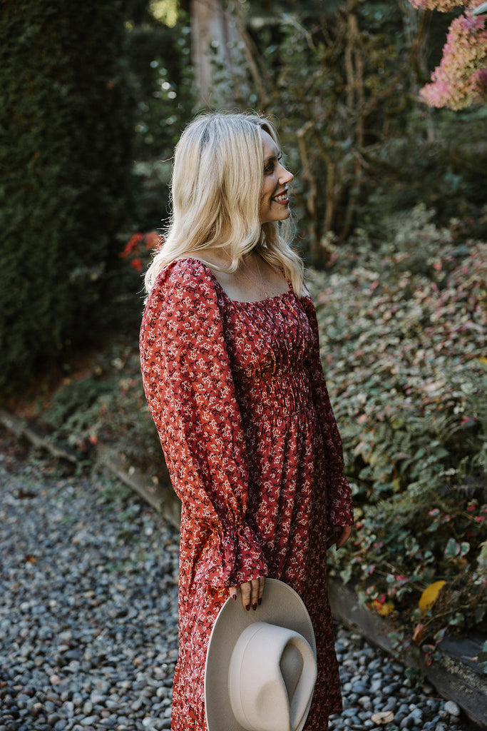 Floral Smocked Midi Dress - Rust