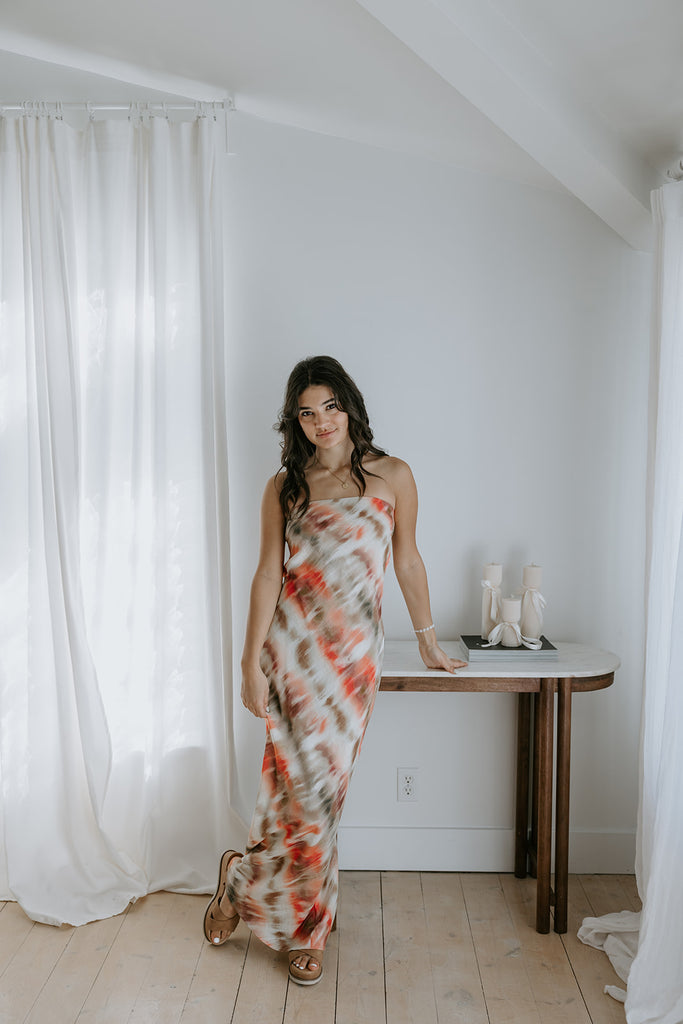 Strapless Abstract Print Maxi - Pink/Tan