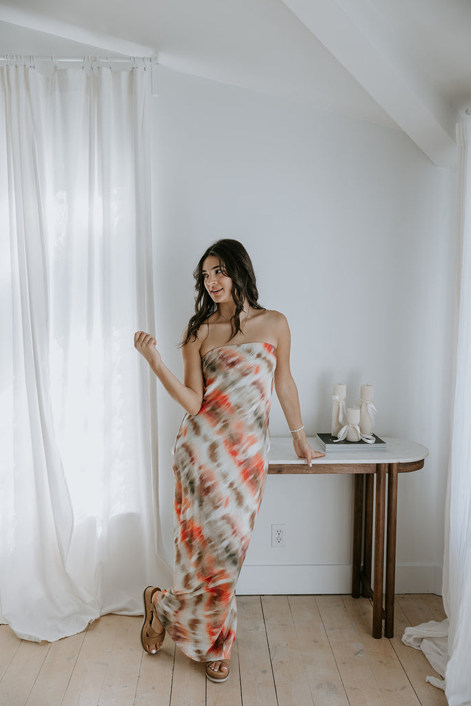 Strapless Abstract Print Maxi - Pink/Tan