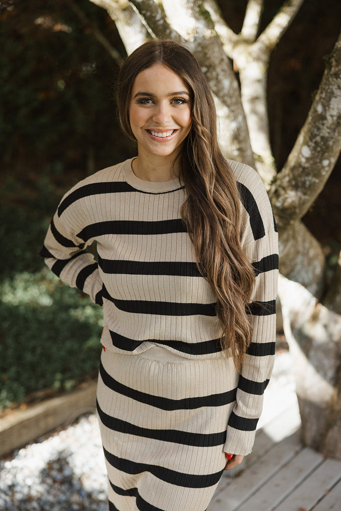 Striped Top & Midi Skirt Set - Tan