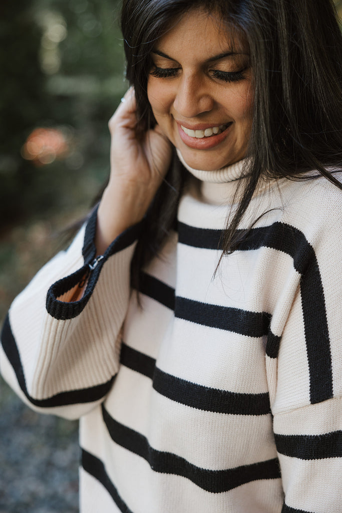 Striped Turtleneck Sweater - Black/Cream