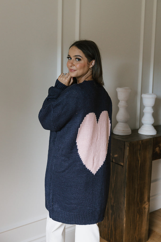 Open Cardigan With Heart - Navy