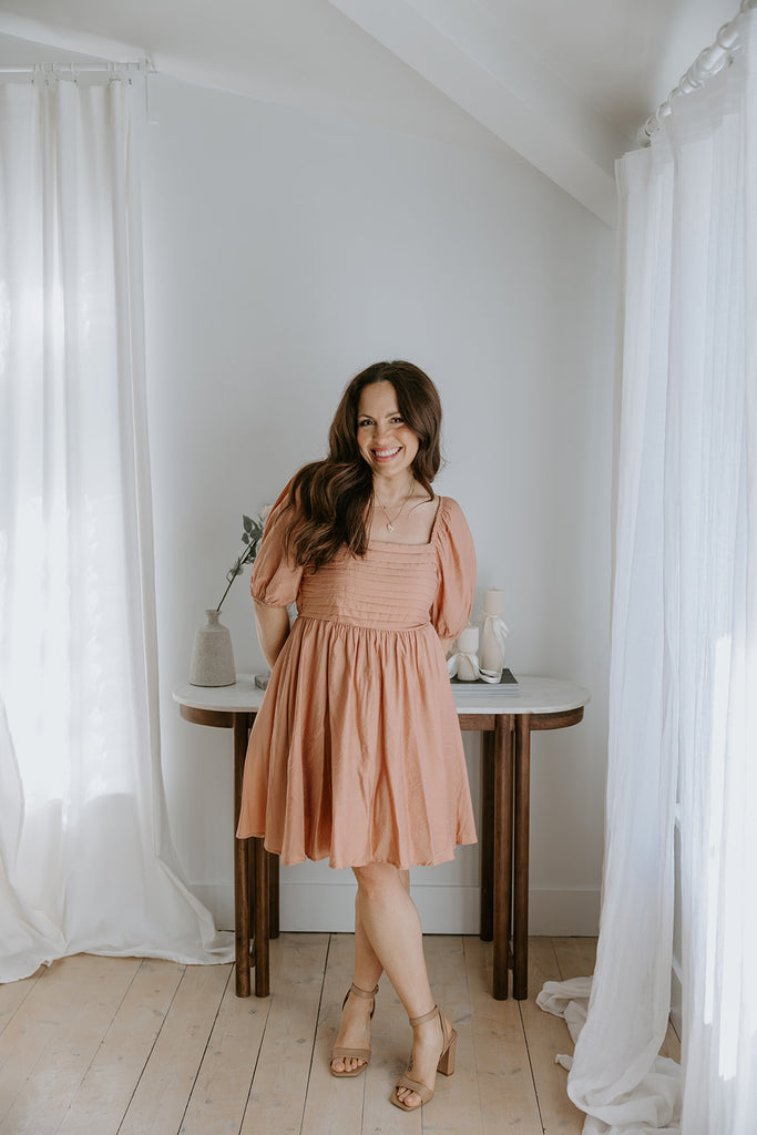 Pleated Detail Puff Sleeve Midi - Dusty Peach