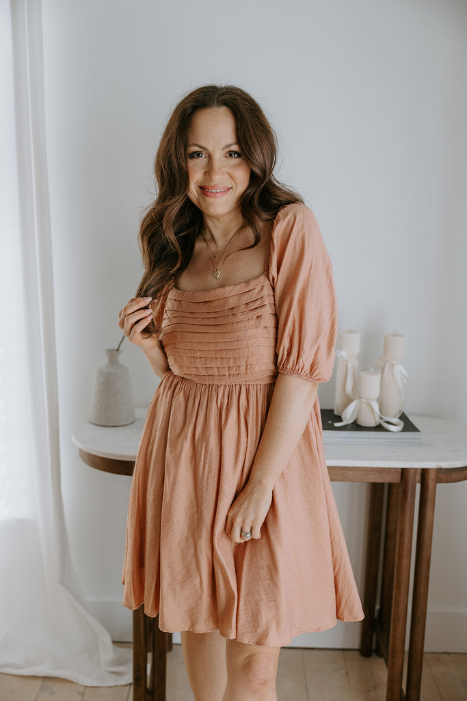 Pleated Detail Puff Sleeve Midi - Dusty Peach