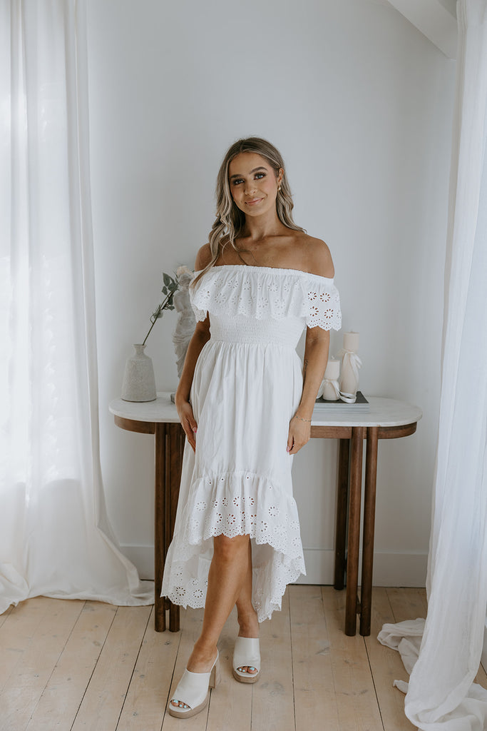 Off Shoulder Dress with Eyelet Details - White