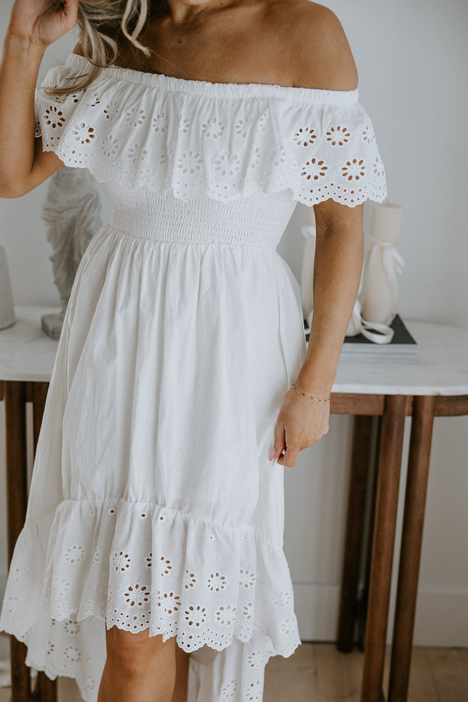 Off Shoulder Dress with Eyelet Details - White