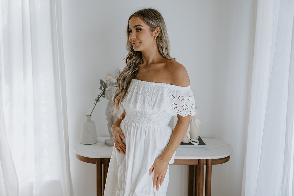 Off Shoulder Dress with Eyelet Details - White