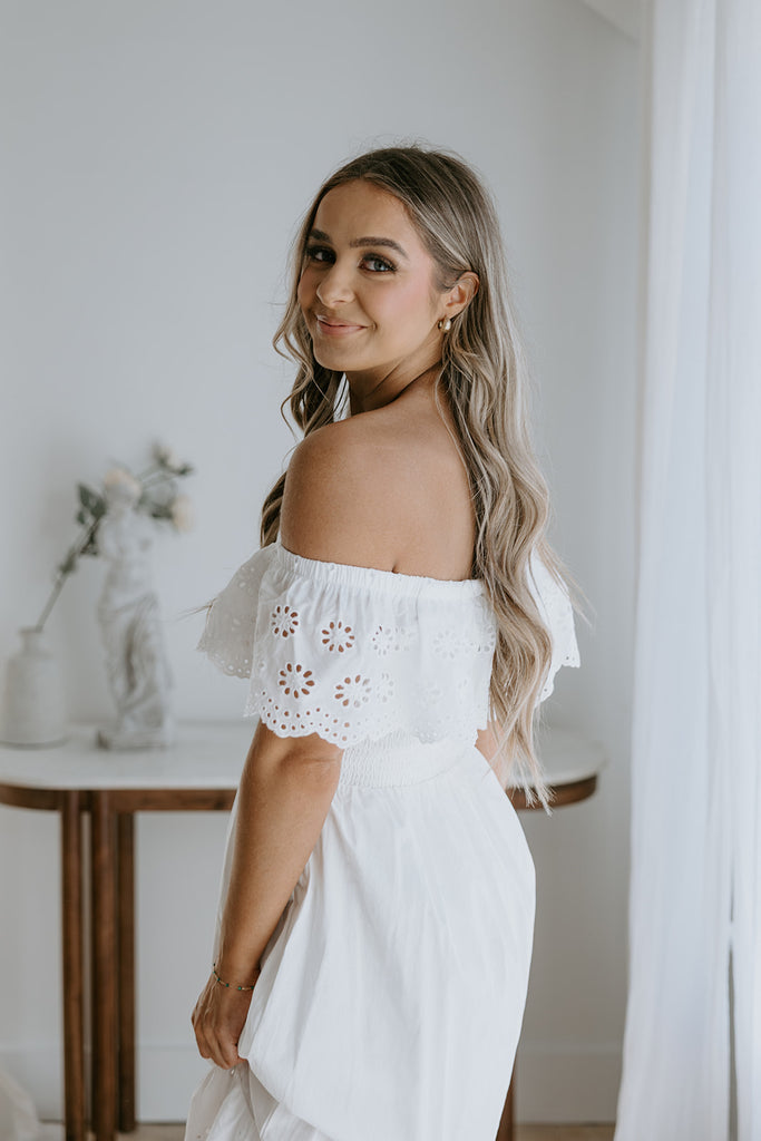 Off Shoulder Dress with Eyelet Details - White