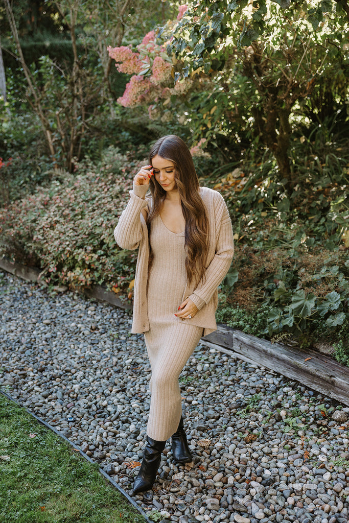 Ribbed 2 Piece Sweater Dress Set - Beige