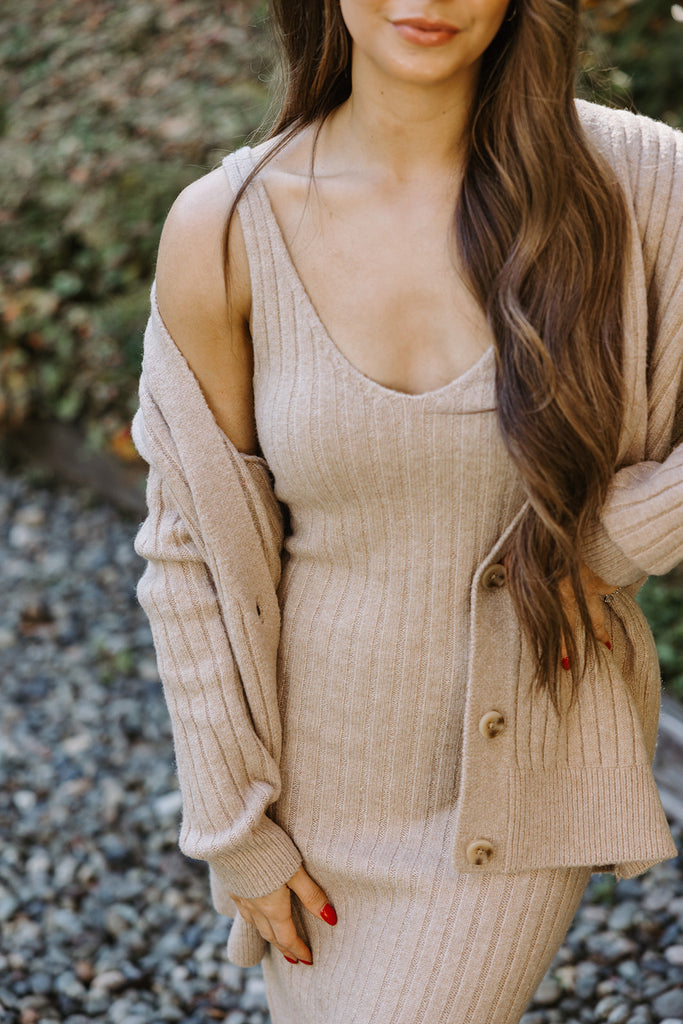Ribbed 2 Piece Sweater Dress Set - Beige