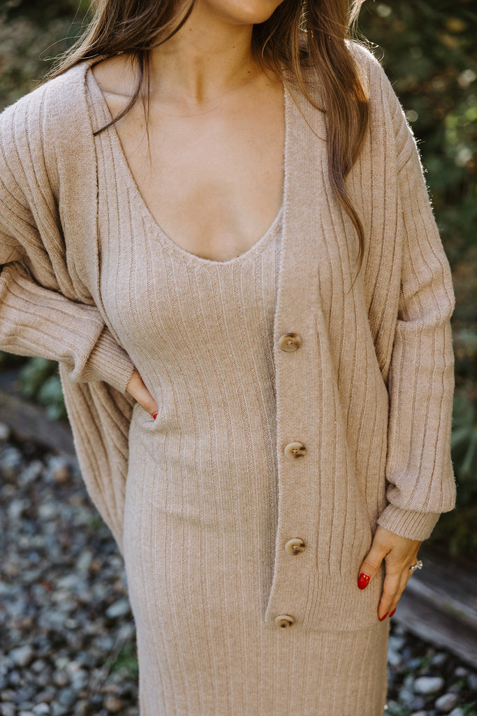 Ribbed 2 Piece Sweater Dress Set - Beige