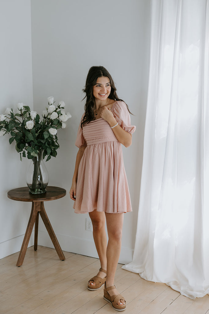 Pleated Detail Puff Sleeve Mini Dress - Sienna/Pink