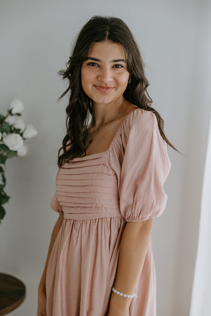 Pleated Detail Puff Sleeve Mini Dress - Sienna/Pink