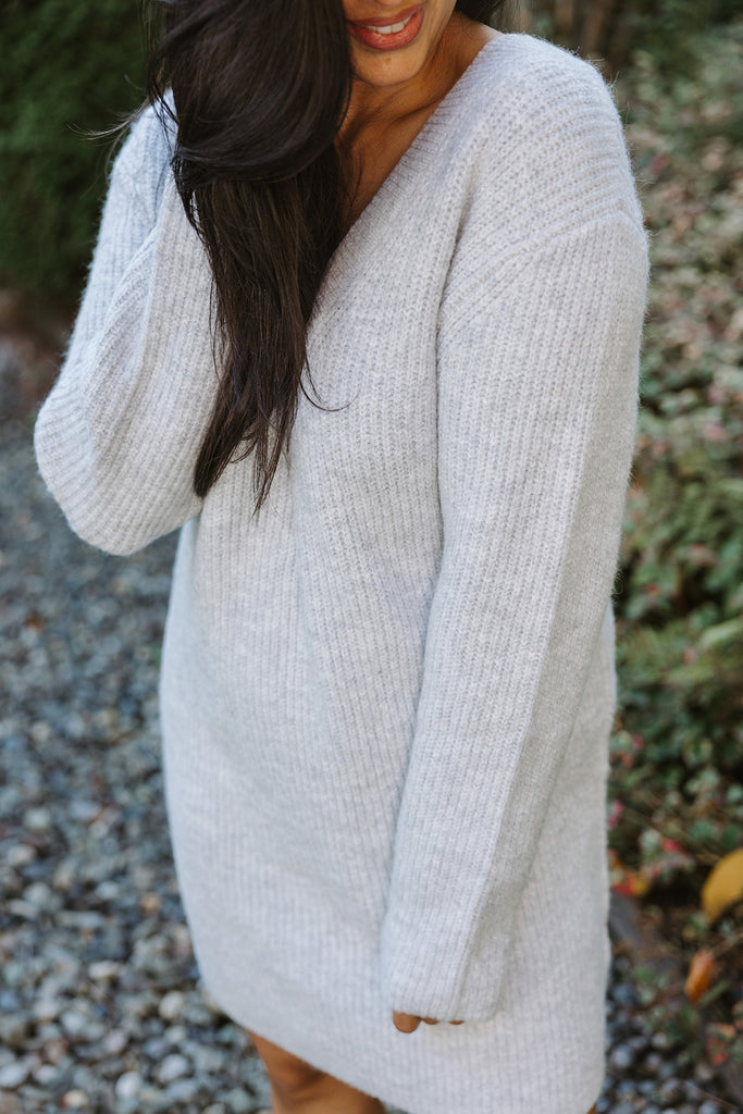 V Neck Knit Sweater Dress - Grey – Muse Social Fashion House