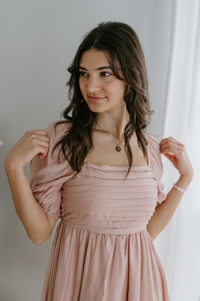 Pleated Detail Puff Sleeve Mini Dress - Sienna/Pink