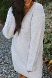 V Neck Knit Sweater Dress - Grey