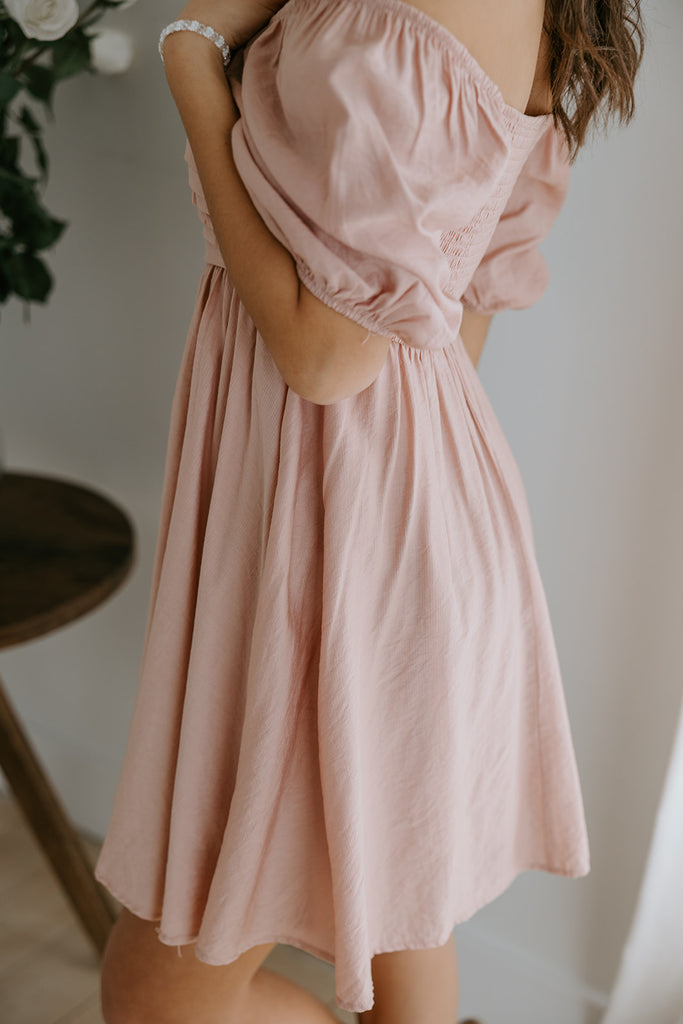 Pleated Detail Puff Sleeve Mini Dress - Sienna/Pink