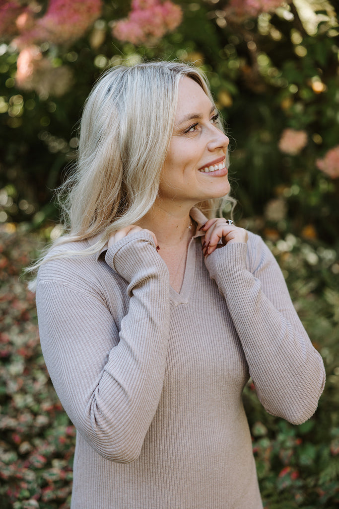 Ribbed Polo Midi Sweater Dress - Taupe -