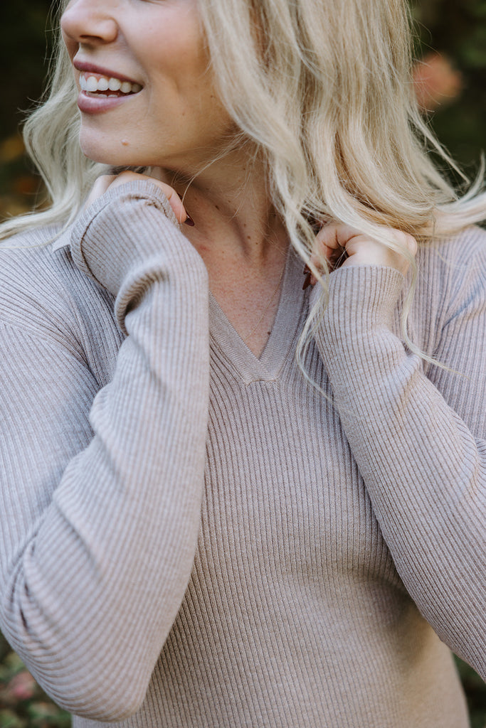 Ribbed Polo Midi Sweater Dress - Taupe -