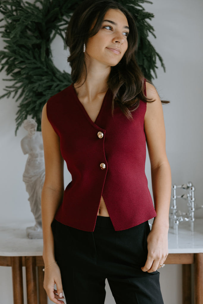 Gold Button Knit Vest - Merlot