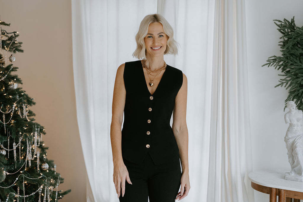 Sleeveless Knit Vest With Gold Buttons - Black