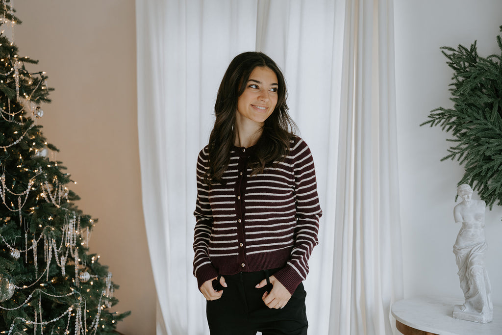 Golden Button Striped Cardigan - Merlot