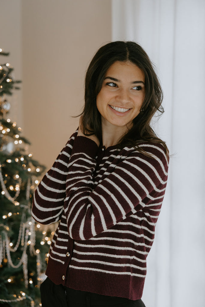 Gold Button Striped Cardi - Merlot