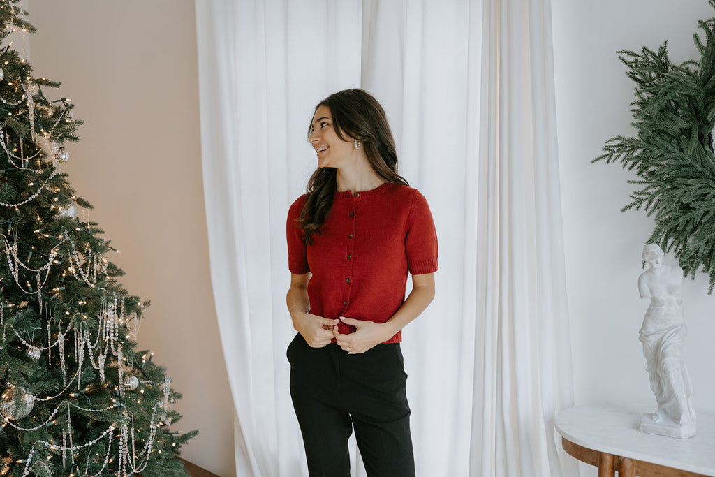 Short Sleeve Knit Cardigan - Wine